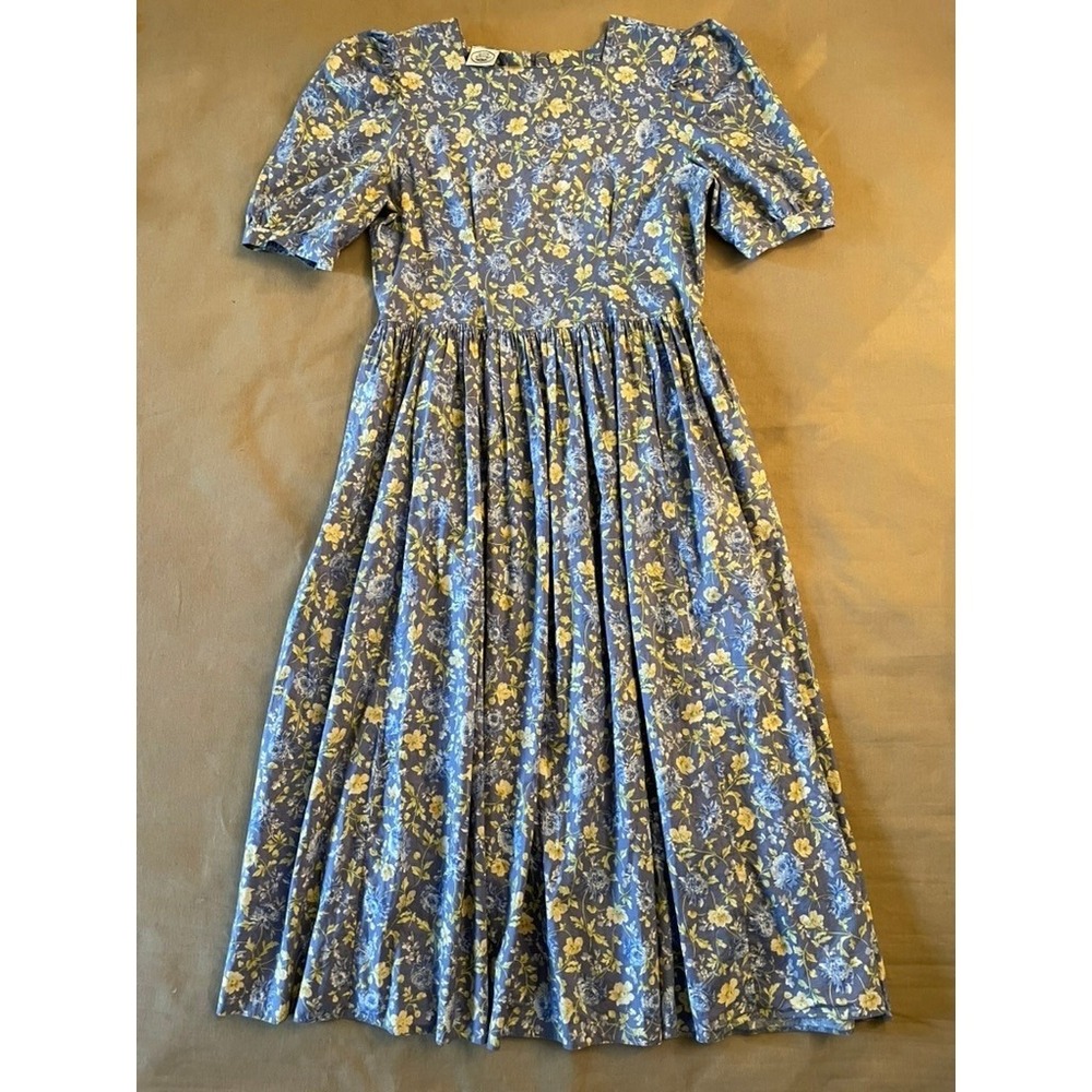 Vintage Laura Ashley 80s Dress Sz 10 Blue Cottage Garden Floral Prairie Modest